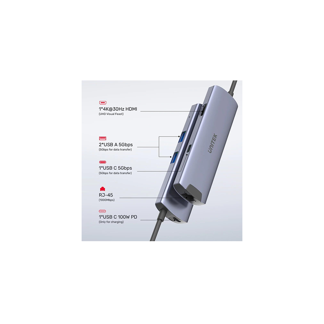 موزع USB-C متعدد المنافذ من Unitek H1112F، 6 في 1 موزع USB-C متعدد المنافذ من Unitek H1112F، 6 في 1